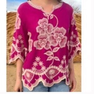 Anthropologie Solitaire Womens Popover Bright Pink Embroidered Rayon Size Medium